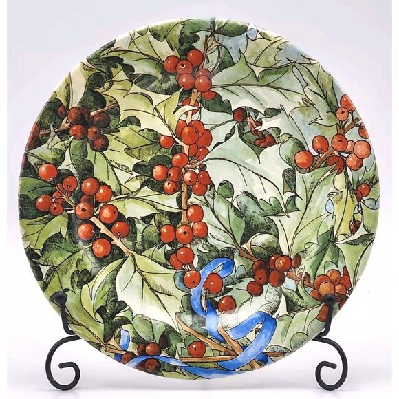 Le Houx Gien France Hollyberries & Blue Ribbon Coffee Cup & Saucer Dessert Plate - Picture 5 of 16